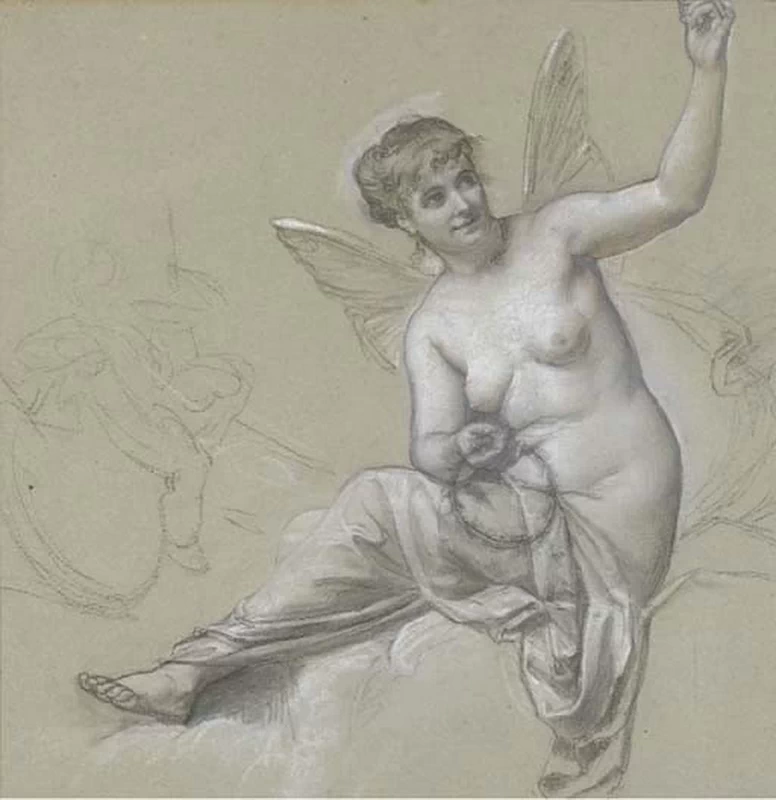 Una donna nuda seduta con ali di farfalla che regge una corona di fiori